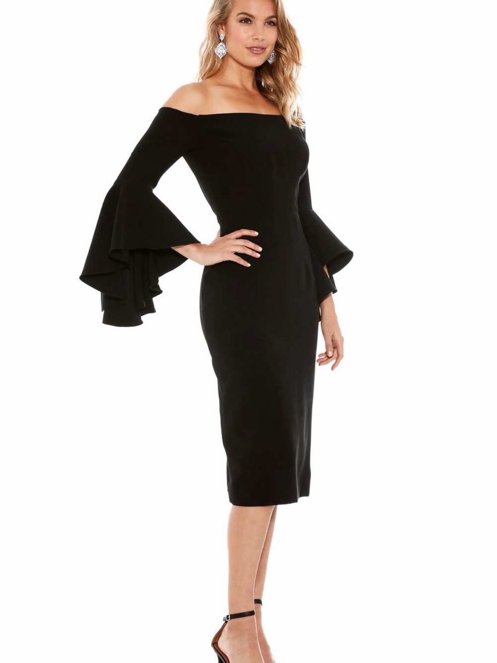Milly Cady Selena Dress Black Off Shoulder Tiered Bell Sleeve Midi Cocktail